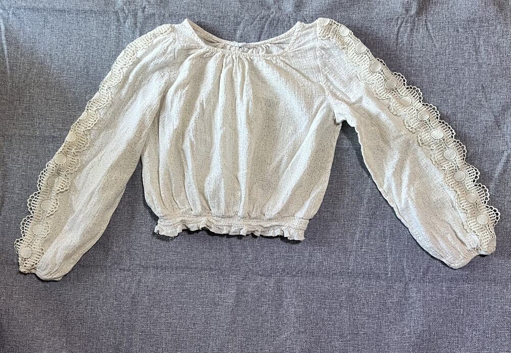 Mine Womens Blouse M Ivory Crochet Lace Long Sleeve Boho Smocked Crop Top